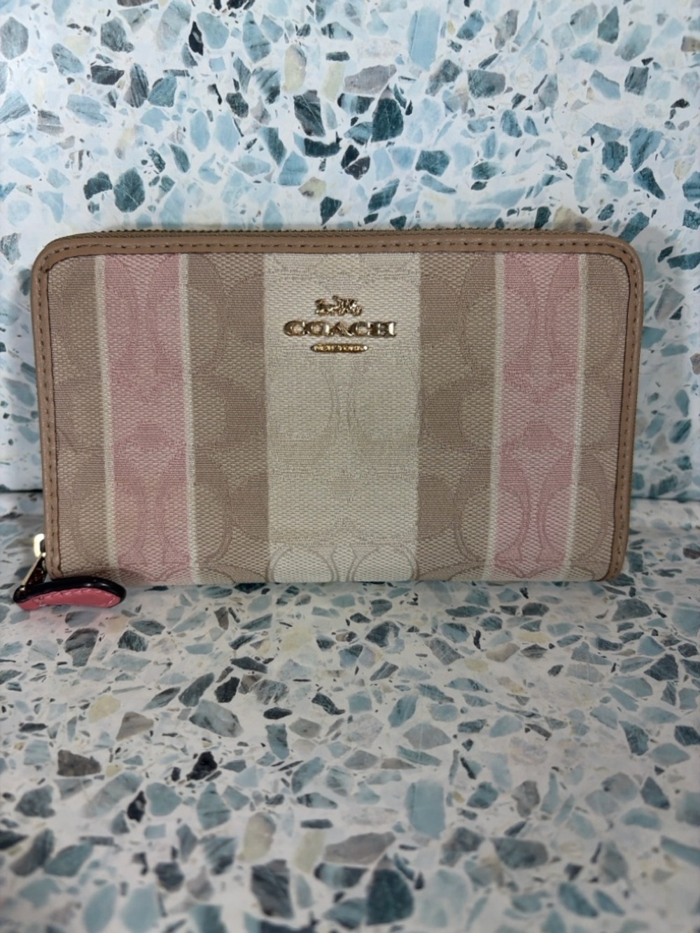 Coach Zip Around Wallet Stripe Signature Canvas Pink Beige Leather - Picture 3 of 7